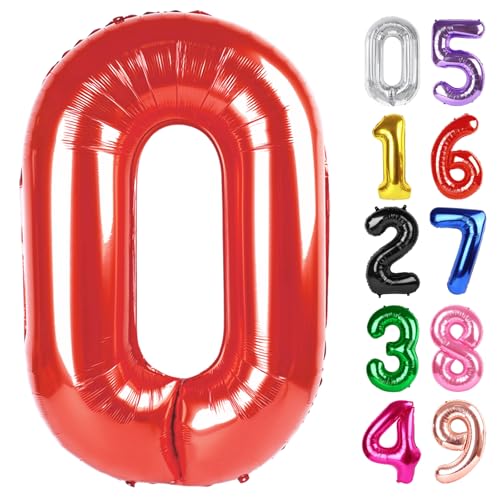Image of Red Number 0 Balloon 40 Inch, 0 Balloon Number for 10th 20th 30th 40th 50th 60th Birthday Decorations, Red Party Supplies