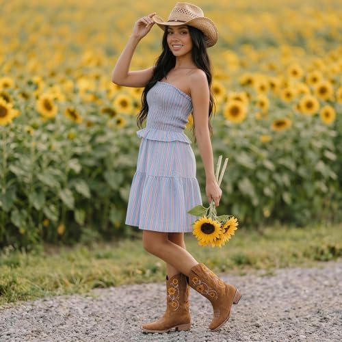 Image of Cowboy Boots for Women - Mid Calf Western Sunflower Cowgirl Boots with Floral Embroidery, Square Toe Stitched Pull On Retro Design, Perfect for Country Idyll, Concerts and More