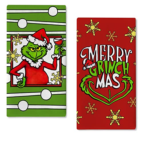 Seliem Merry Christmas Kitchen Dish Towel Set of 2, Green Mas Red Santa Snowflake Hand Drying Baking Cooking Cloth, Winter Holiday Xmas Decor Home Decorations 18 x 26 Inch