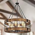6-Light Farmhouse Wood Chandelier for Dining Room, Rustic Foyer Light Fixtures, Industrial Drum Hanging Lights for Kitchen Island Entryway, Nature Wood Texture and Black Metal Finish