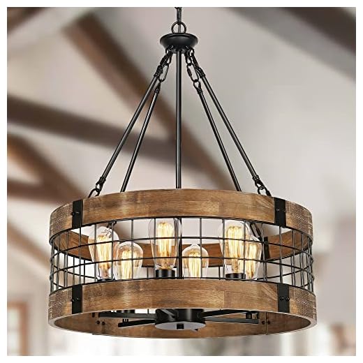 6-Light Farmhouse Wood Chandelier for Dining Room, Rustic Foyer Light Fixtures, Industrial Drum Hanging Lights for Kitchen Island Entryway, Nature Wood Texture and Black Metal Finish