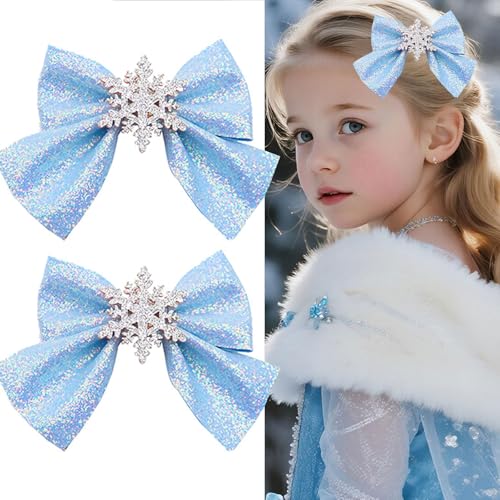 Pinzas para el cabello con lazo de copo de nieve azul para mujeres y niñas – Clips de aligátor con brillo para Navidad, accesorios festivos para el cabello, 2 unidades miniatura 1