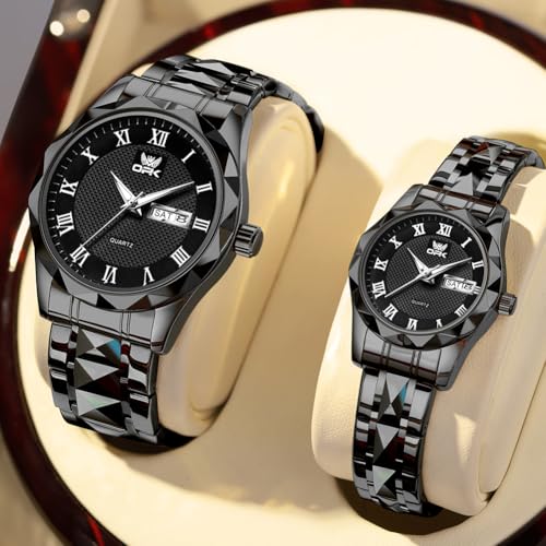 Image of OPK Couple Watch Set - His & Her Matching Watches with Luxury Diamond Stainless Steel Waterproof & Luminous Quartz WristWatches Romantic Gift
