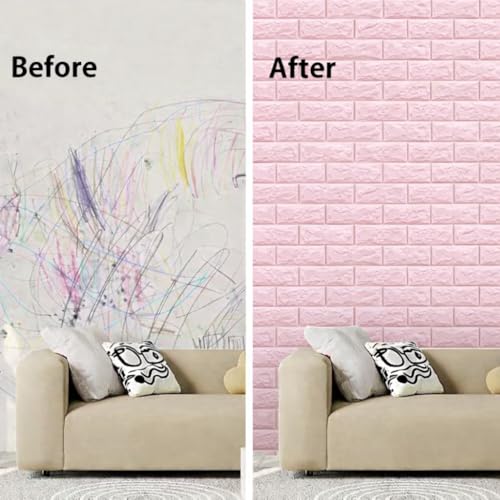 Image of 3D Self Adhesive Foam Brick Wallpaper Peel and Stick Waterproof Wall Panels Soundproof Wall Sticker for Living Room Bedroom Kitchen Home Office Interior Decoration (Pack of 10, Pink)