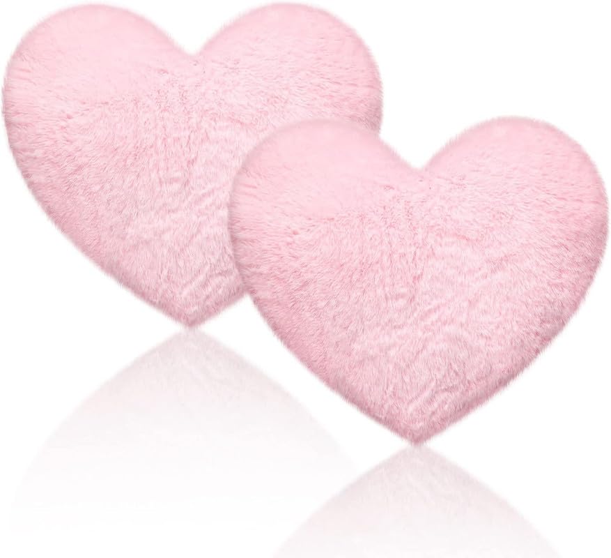 Image of RVA 2 Pieces Soft Throw Pillow Plush Heart Shaped Pillow Faux Rabbit Fluffy Heart Decorative Cushion for Girl on Valentine's Day Fit for Living Room Dining Sofa Car (35 CM) (Pink)