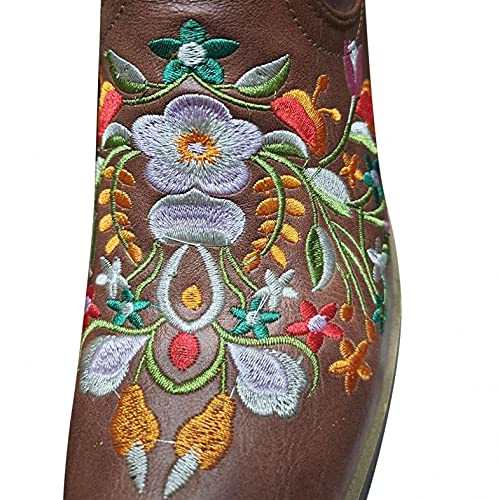 Hbeylia Cowboy Boots For Women Vintage Ethnic Western Cowgirls Boots Flower Embroidered Pointed Toe Chunky Heels Mid Calf Knight Riding Boots Boho Retro Winter Fall Dress Tall Boots For Ladies3
