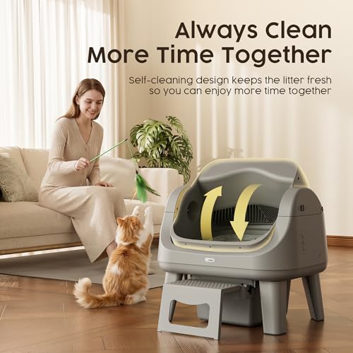 Image of PetPivot Open Top Self Cleaning Cat Litter Box, Automatic Litter Box with 7 Pairs of Safety Sensors, Anti-Pinch Protection and Easy Access Step for Senior Cats, Dark Grey