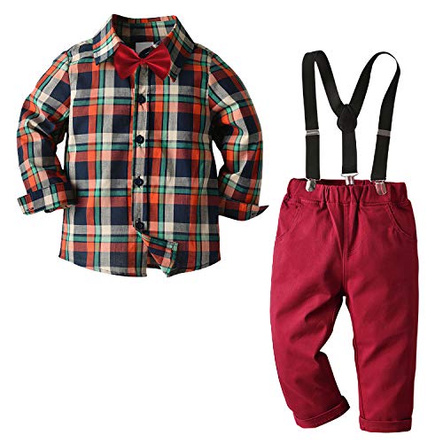 Little Boys Clothes Sets 2PCS Bow Ties Shirts + Suspenders Pant Kids Gentleman Ouffits Burgundy 3-4 Years
