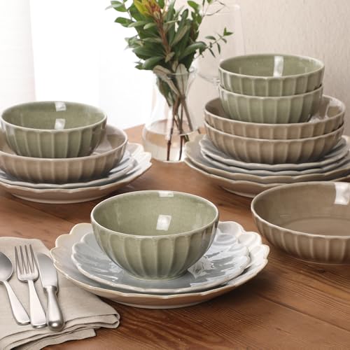 Image of Gibson Elite Malibu Shore 16 Piece Scallop Stoneware Reactive Glaze (Service for 4) Ceramic Plates and Bowls Dinnerware Set - Assorted Color (Shiny Cream White, Blue, Cream, Terracotta)