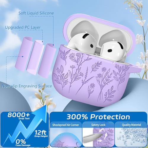 Image of Meyaar Silicone Case for AirPods 4 Floral Embossed, Flower Engraved Soft Silicone Cover with Keychain, Anti-Scratch, Shockproof Protective Case Cover(Purple, for AirPods 4 (2024)