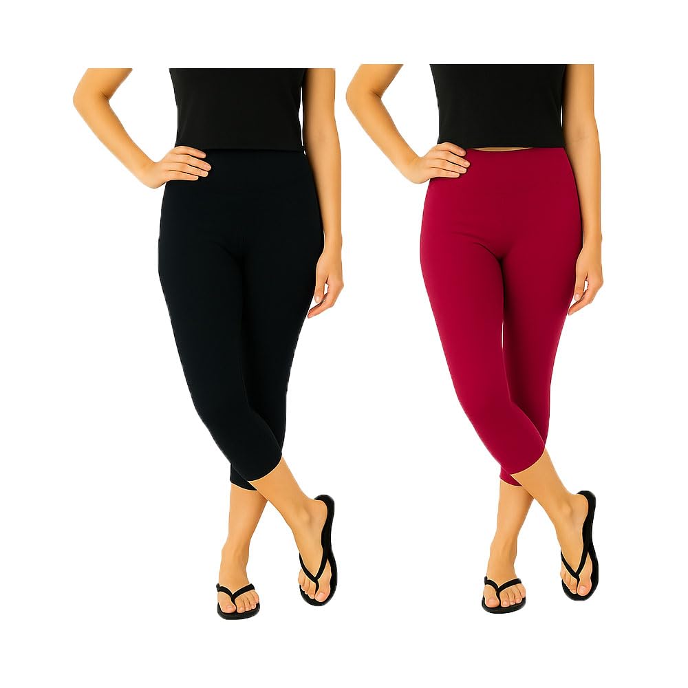Womens Cotton Blend Plain 3/4th Capri For Girls 2Pack (Black, Pink)-picture-37
