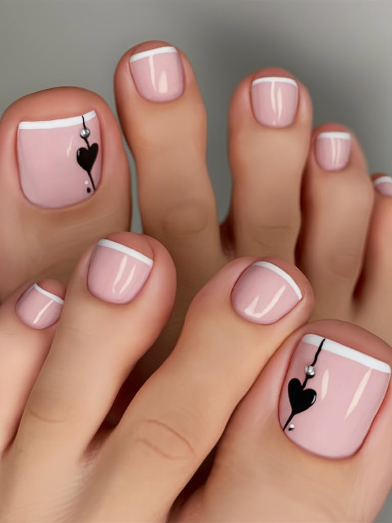 24 Reusable Artificial Fake Foot Nail Set | Base Pink colour With Black Heart Design Glossy Nails | Lightweight & Long Lasting | Quick Fix For Festivals & Special Occasions-image-34
