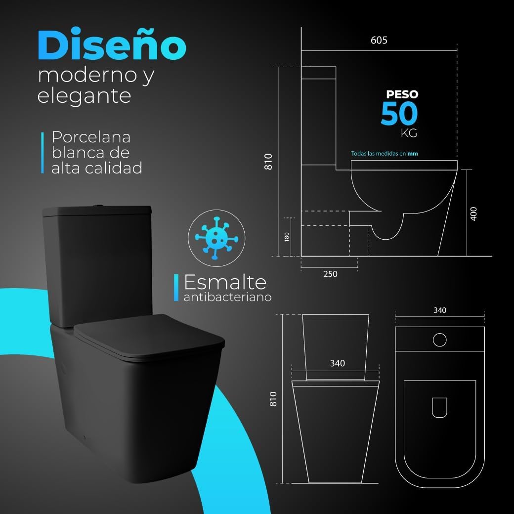 Inodoro Completo - WC Con Sistema Rimless Antibacterias - Vater Baño Con Tapa Dura Extrafina Amortiguada - Salida Dual - Para Hogar Color Negro