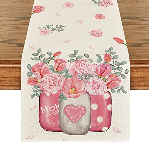Artoid Mode Tulips Carnations Flower Vase Eucalyptus Mother's Day Table Runner, Kitchen Dining Table Decoration for Home Party Decor 13x72 Inch