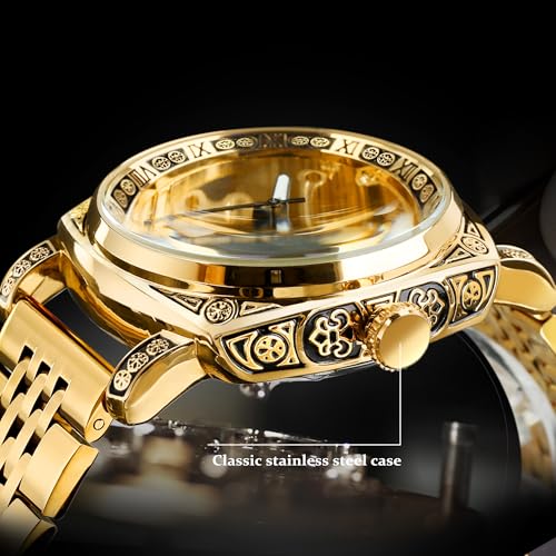 Image of FORSINING Fancy Watches for Men, Square Retro Mechanical Watch Self-Wind Carved, Gear Movement Golden Skeleton Automatic Watches Vintage Leather Strap Wrist Watch
