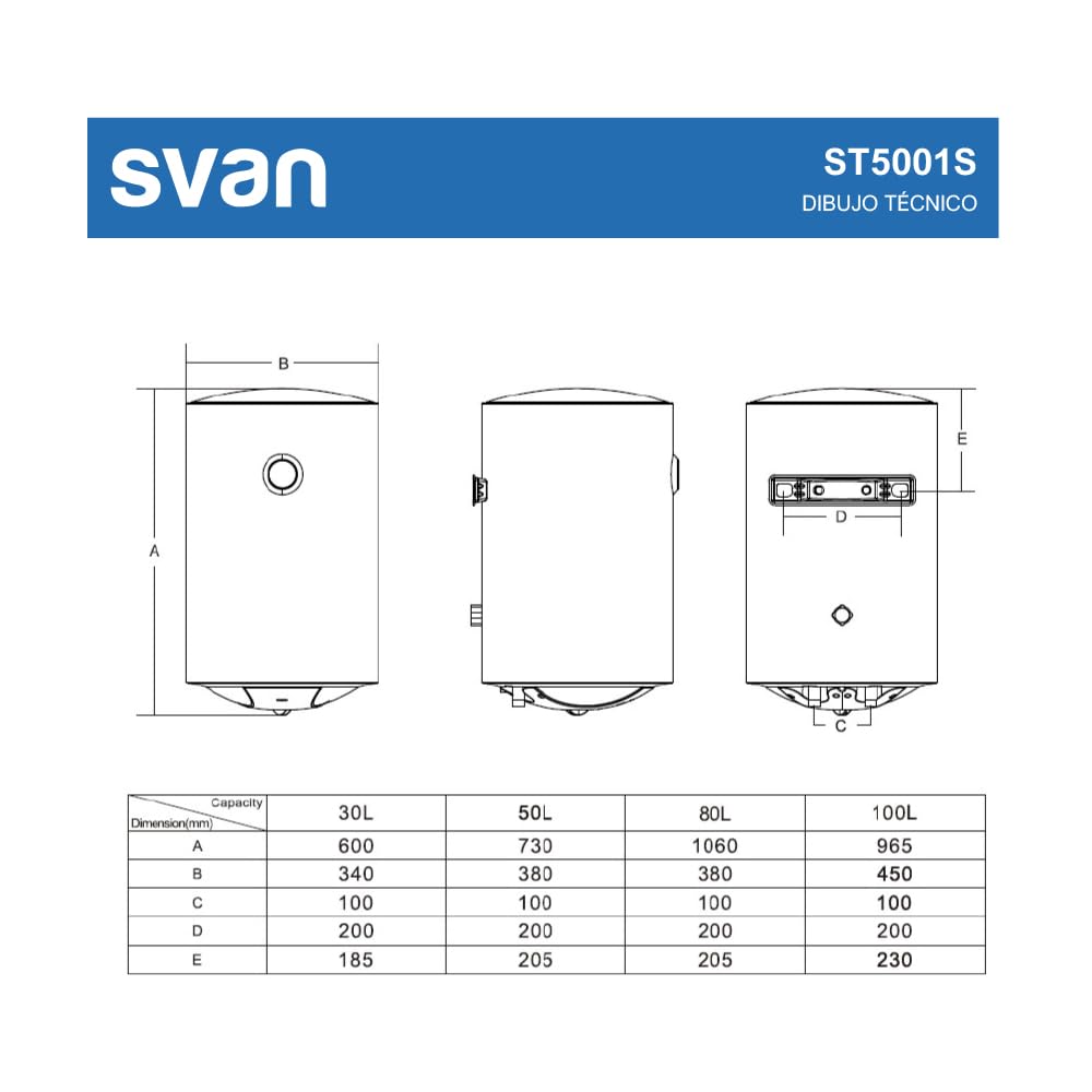Svan Termo Eléctrico Vertical 50 Litros ST5001S. Instalación Vertical, 1500W, Incluye Kit de Montaje, Resistencia de Acero inoxidable, Blanco, Eficiencia Energética Clase C