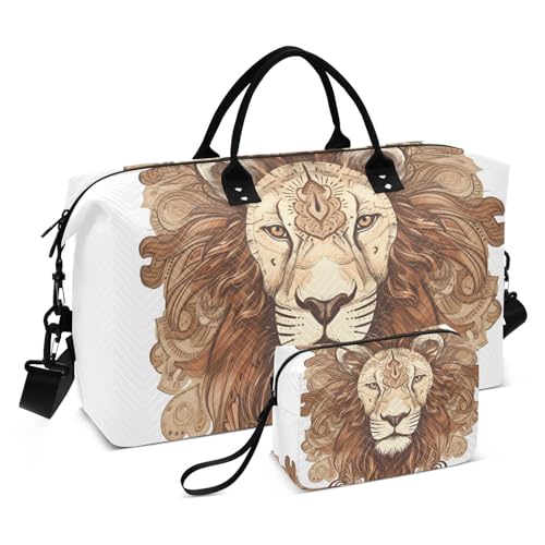 Large Travel Duffel Bag, Retro Lion Face Ethnic Sports Tote Gym Bag, Shoulder Weekender Overnight Bag for Women Men, Carry On Luggage with Toiletry Bags