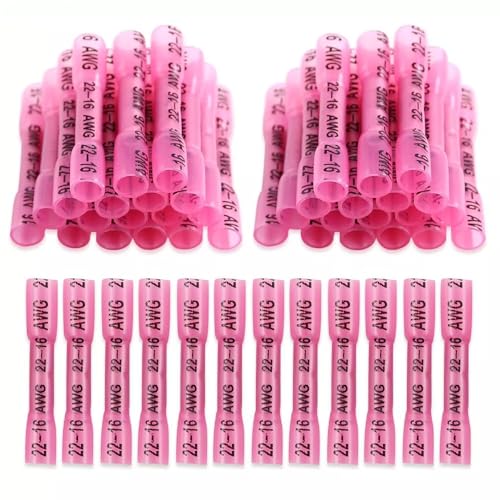 100 Pcs Heat Shrink Butt Wire Splice Connectors Crimp Terminals Kit 22-10 AWG, Red