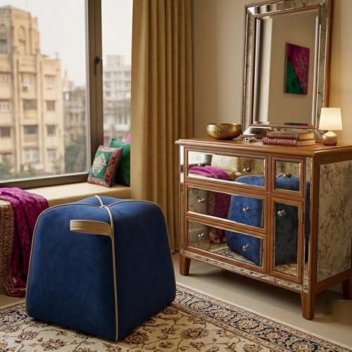 Image of CASASTYLE Signature Velure Suri Accent Pouf | Boston Fabric | 40D High-Density Foam | (Midnight Blue) | Footrest, Vanity Ottoman & Accent Seat for Home, Office, & Hotel