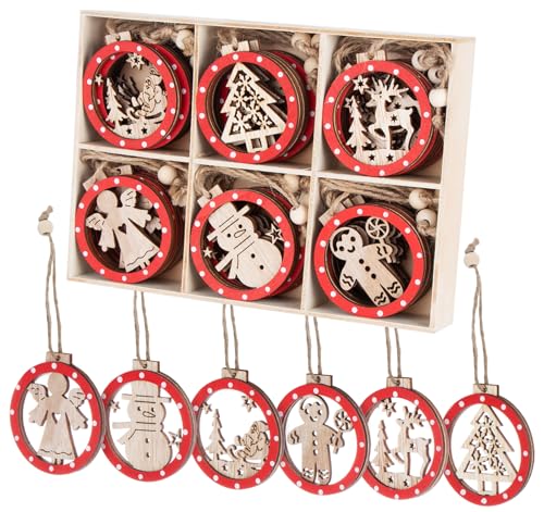 Sweelov 30tlg Holz Weihnachten Anhänger Rot Weihnachtsanhänger Doppelschicht Christbaumanhänger Hängeornamente Weihnachtsdeko, 6 Verschiedene Musters