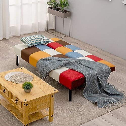 Sofá cama colorido de tela de retazos arcoíris con sillón reclinable Clic Clac de 3 plazas con marco de metal - imagen 8
