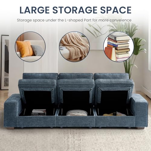 Image of TEKAMON 100 inch Modular Sofa with Seats Storage, Comfy 3-Seater Chenille Fabric Couch for Living Room, Office, Apart W /Deep Seat, USB Charging, Upholstered Couch with Removable Cover (Blue)