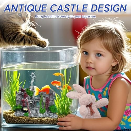 Image of Aquarium Castle Ruins Decoration, Non-Toxic Resin Fish Tank Ornament，Realistic Coral Reef Decor for Freshwater & Saltwater Tanks，Safe Hiding Spots for Fish & Shrimp，Gray Stone