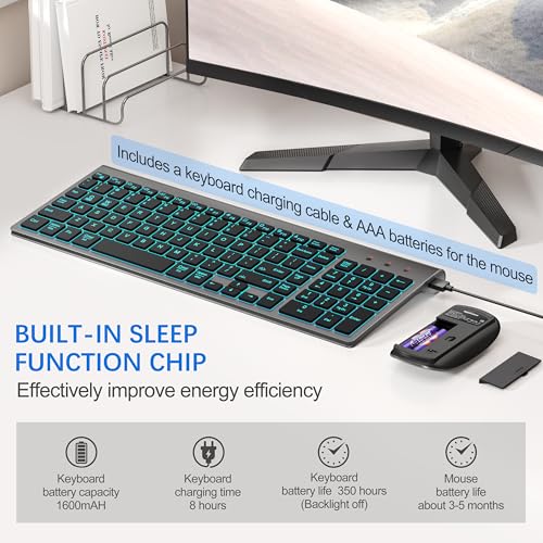 Image of TopMate Wireless Backlit Keyboard and Mouse Ultra Slim Combo, 2.4G Silent Compact 2400DPI Mouse and Scissor Switch Keyboard Set, Batteries Included, for PC /Laptop /Windows /Mac /Gaming - BL Gray Black