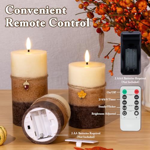 Image of Brown Fall Flameless Pillar Candles with Remote, 3 Pack Thanksgiving Decor