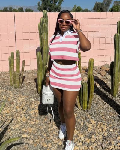 Image of HBQ Women's Casual 2 Piece Skirt Sets Polo Collar Crop Top Striped Mini Dress Summer Vacation-Stripe