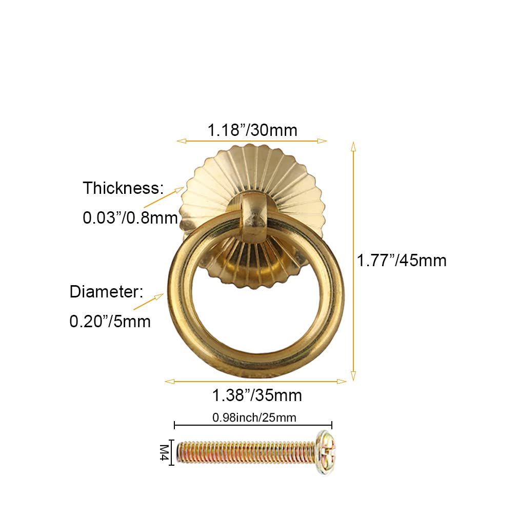 Tiazza 4Pcs Chinese Style Antique Brass Ring Pull Handle Kitchen Cabinets Wardrobe Drawer Furniture Hardware Retro Style Small Pull Ring (Gold) - Image 4
