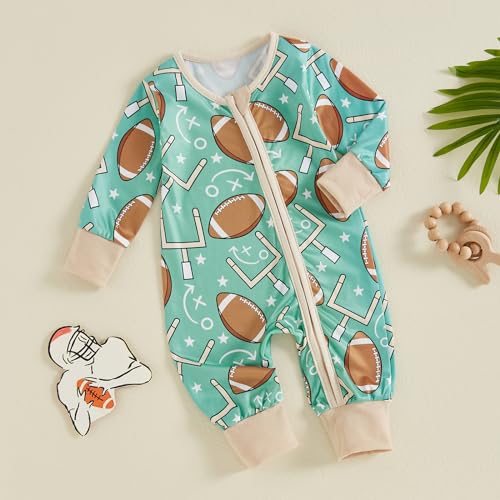 Baby Boy Girl Football Outfit Football Print Long Sleeve Zip Up Romper Jumpsuit Infant Boys Girls Fall Winter Outfit2