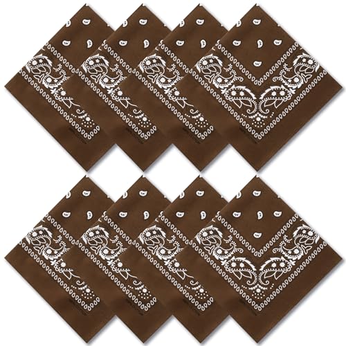 Raylarnia 8 PCS 100% Cotton Bandanas 22 Inchs Multi-Purpose Bandana Scarfs Headbands for Men and Women (8- Brown)