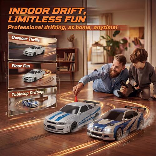Image of [2026 New Upgrade 1 /43 Scale Mini RC Drift Car with Gyroscope Toys for Age 8-14 Old Birthday Gifts Micro Small with Full Proportional RTR 2.4GHz Remote 2 Tire Sets 8 Cones - Silver Blue