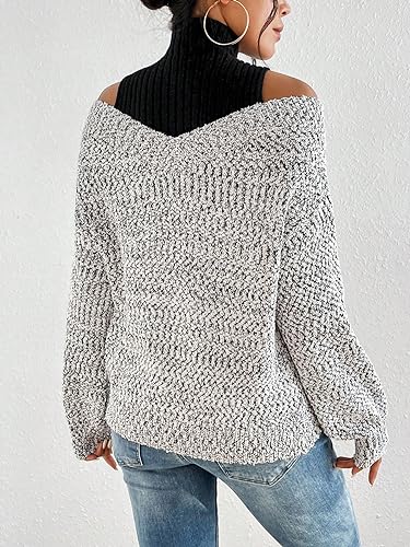 GORGLITTER Women's Cold Shoulder Long Sleeve Oversized Patchwork Sweater Trendy High Neck Fall Cozy Chunky Sweater Top2