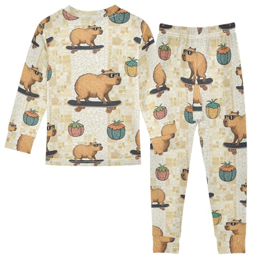 Pajama Sets Long Sleeve Capybara Riding Skateboard Soft Comfy Sleepwear 2 Piece PJS 3-8T3