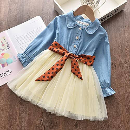 Kids Girls Denim Dress with Tutu Skirt Toddler Princess Tulle Dress Long Sleeve Casual Dress with Dot Belt 18M-6T (Blue, 3-4 Years)2