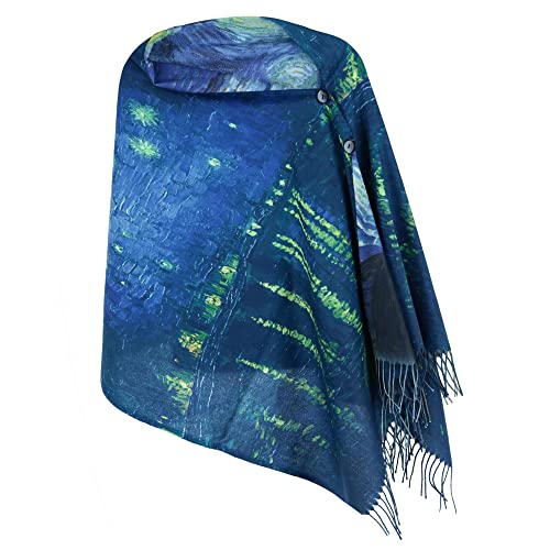 The Magic Scarf Company Women's Reversible Sueded Van Gogh Print Button Shawl, Blue, One Size