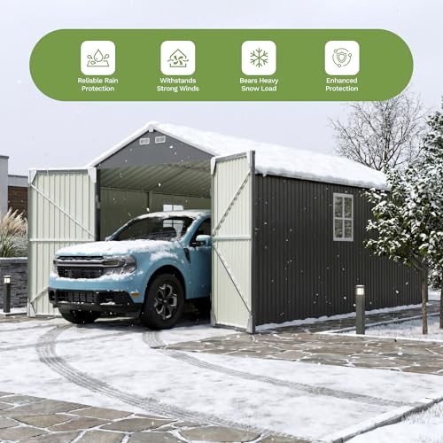 Image of Greesum 12x20FT Metal Carport with Walk-in Side Door, All Weather Metal Garage Shed with Window and Vent, Canopy Shelter with Heavy Duty Frame and Galvanized Roof for Cars, Boats, Tools, Black