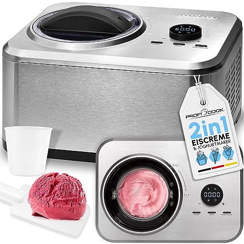ProfiCook Eismaschine und Joghurtbereiter | Eis in 20 min. | für bis zu 1500ml | Eismaschine mit Kompressor | für Eis & Frozen Joghurt | Inkl. Rezeptvorschläge, Spachtel und Messbecher | PC ICM 1268