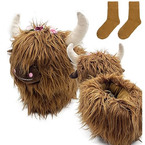 LELEBEAR Highland Cow Plush Scottish Cow Slippers, Soft Warm Animal Home Indoor Slippers