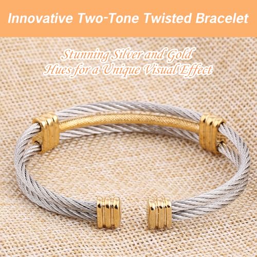 Bracelet for Women Gold and Silver Two Toned Style Stainless Steel Cable Cuff Bracelets Jewelry for Men and Women Adjustable Twisted Cable Bangle2