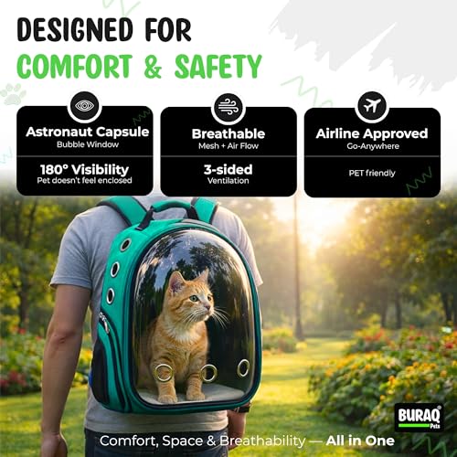 Image of Buraq Astronaut Pro Pet Carrier Backpack (41L x 32W x 26H cm) - Transparent Bubble Capsule Design, Airline-Approved, Breathable & Ventilated Travel Bag for Cats