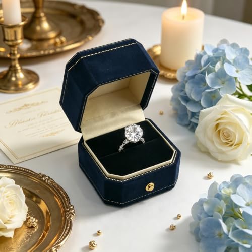 MTJYQYF Velvet Jewelry Ring Box, Octagon Engagement Ring Box Ring Display Holder Case with Hinged Lid for Proposal Engagement Wedding, 2.44x2.44x2.17 IN U2-PRB001-Navy - 4