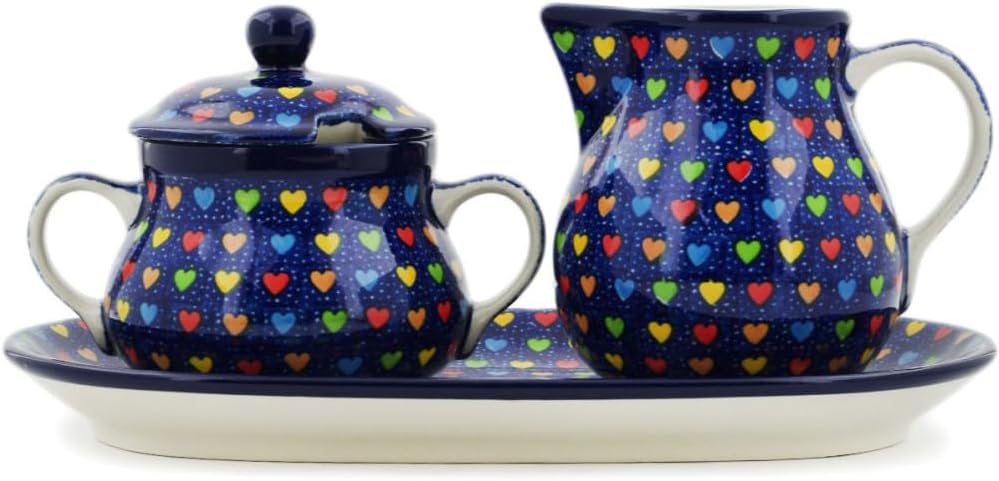 Polmedia Polish Pottery Sugar and Creamer Set UNIKAT - Colourful Dot Show Pattern Handmade in Boleslawiec Poland by Ceramika Artystyczna + Certificate of Authenticity