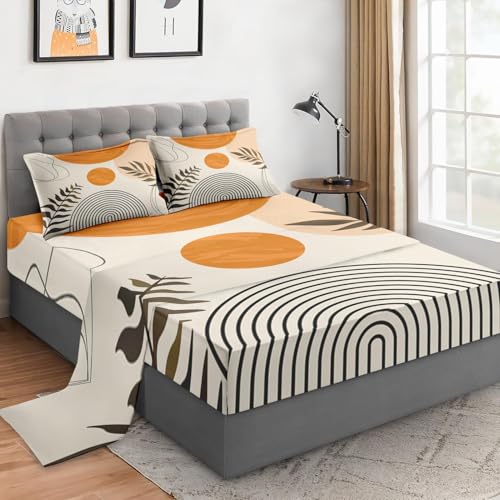 WeCozy King Size Bed Sheet Sets with Pillowcases, Mid Century Contemporary Geometric 4 Pcs Soft Microfiber Bedding for Kids and Adults, Boho Sun Flat, Fitted Sheet for Bedroom Bed Decor