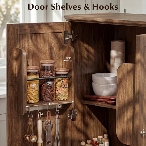 Image of 72.2 inch Tall Kitchen Pantry Cabinet with Doors, Farmhouse Storage Cabinet with Charging Station & LED Light, Drawer, Adjustable Shelves and Pull-Out Shelves, Walnut Wood Pantry Cupboard for Dining Room