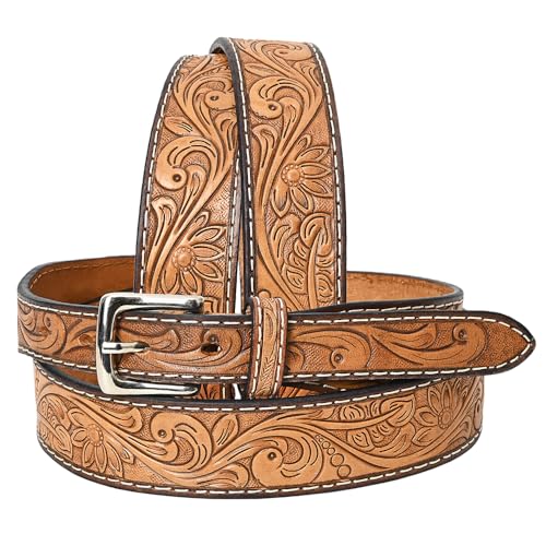 Hand Tooled Genuine Leather Hand Crafted Tan Unisex Western Belt Removable Buckle Full Grain Belt for Men Women
