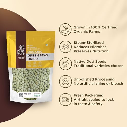 Image of Pure & Sure Organic Green Peas (Matar) Dry 500G | 100% Natural Hara Matar, Vatana | Unpolished & Unadulterated | Healthy and Rich in Fiber & High Protein| Steam Sterilized