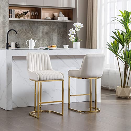 Rocity Beige & Gold Barstools Set Of 2 Velvet Counter Height Bar Stools 26 Inch Upholstered Kitchen Island Chairs Modern Bar Chairs With Back #TOP5